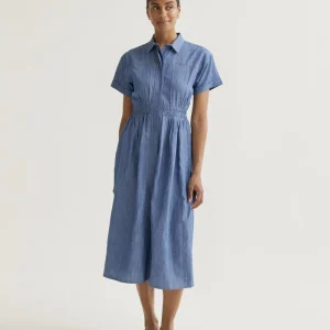Vestido midi 100% algodón chambray azul claro manga corta