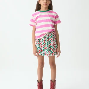 Camiseta de niña con estampado de rayas rosa y blanca