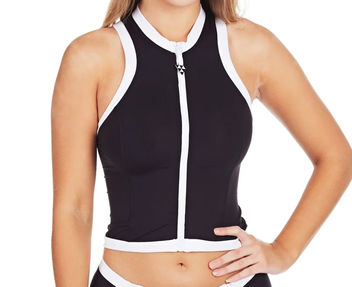 Seafolly Gigi Hadid Vest Navy Blue & White Zip Up Block Party Rash Swimwear Swim Bikini Top - Imagen 4
