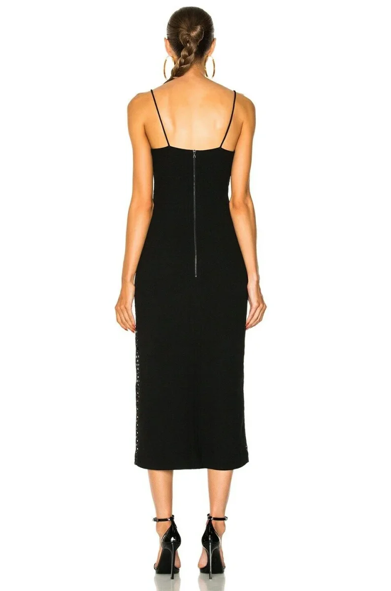 DAVID KOMA Side Panel Midi Slit Leg Black Strappy Dress - Imagen 5
