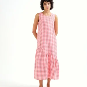 Vestido midi 100% algodón cuadros vichy rojo