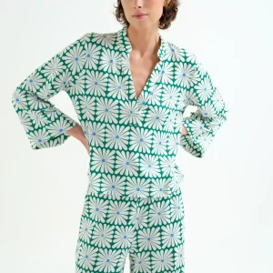 Top playero con estampado Olive Flower Green manga larga
