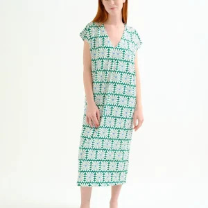 Kaftan largo con estampado Olive Flower Green