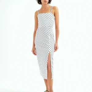 Vestido midi con estampado de puntos negro
