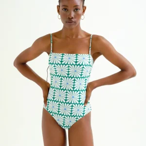 Bañador escote recto estampado Olive Flower Green