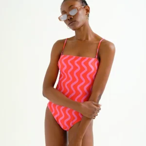 Bañador escote recto estampado Wave Red & Pink