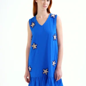 Vestido corto 100% algodón azul marino con apliques de estrellas