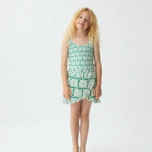 Falda corta pareo de niña con estampado Olive Flower Green