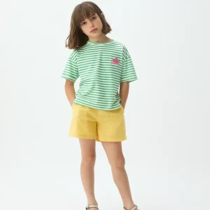 Camiseta de niña 100% algodón con estampado de rayas blanco y verde