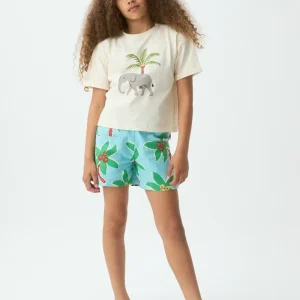 Camiseta de niña 100% algodón con estampado de Elefante y Palmera
