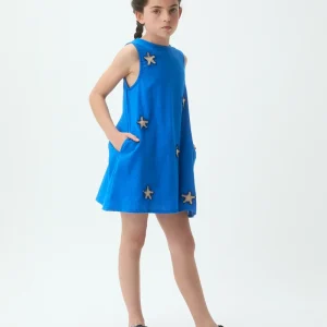 Vestido corto de niña 100% algodón azul marino con parche de estrellas