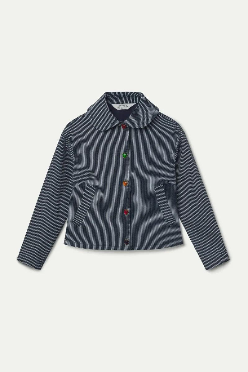 Chaqueta vaquera con rayas azul y detalles de corazón multicolor - Imagen 7