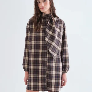 Vestido corto 100% algodón con estampado de cuadros marrón