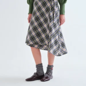 Falda midi 100% algodón con estampado de cuadros verde