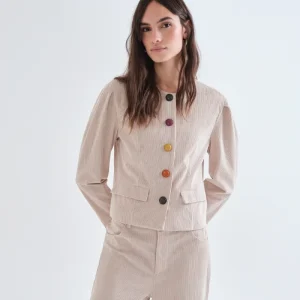 Chaqueta de pana beige con botones multicolor