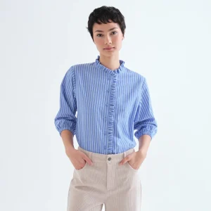 Camisa de rayas azul con detalle de volantes