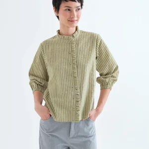 Camisa de rayas verde claro con detalle de volantes