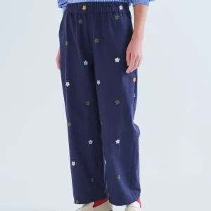Pantalón 100% algodón azul marino con bordado de flores