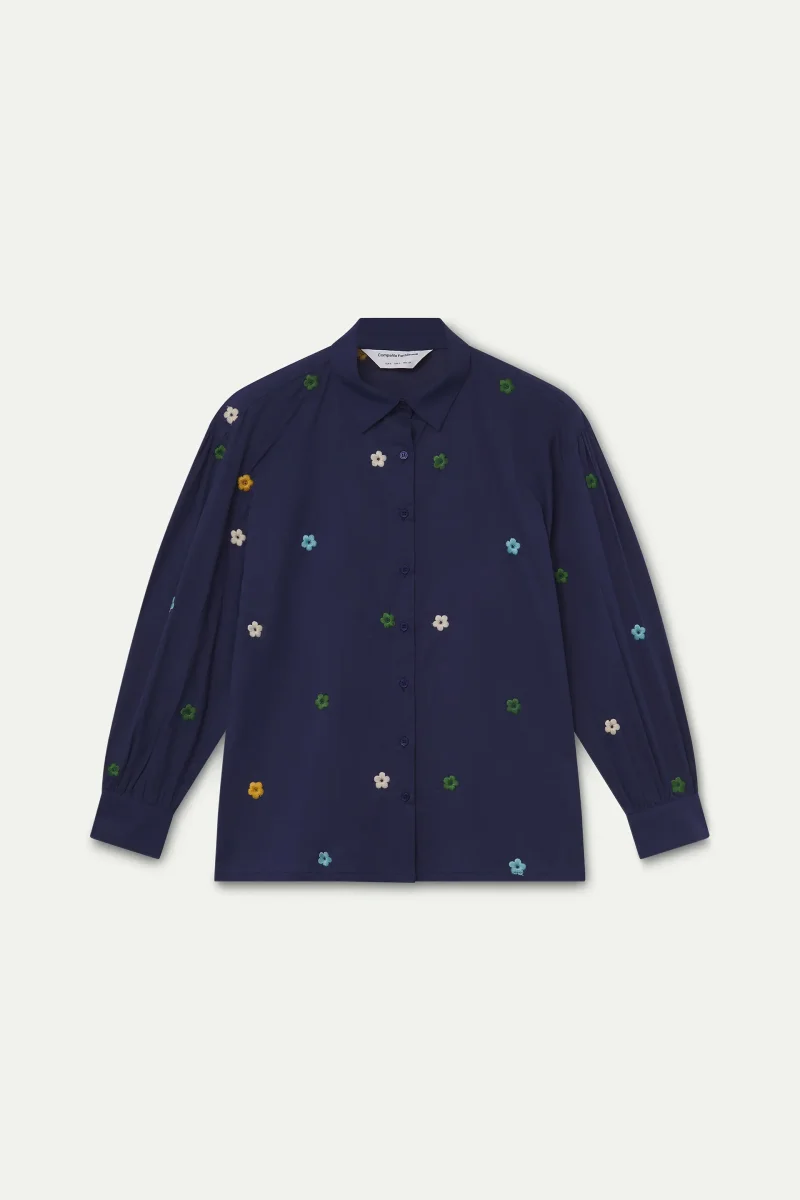 Camisa 100% algodón azul marino con bordado de flores - Imagen 7