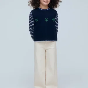 Chaleco de niña azul marino con bordado de flores verdes
