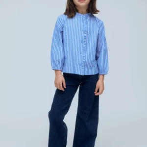 Camisa de niña mezcla algodón con estampado de rayas azul y blanco