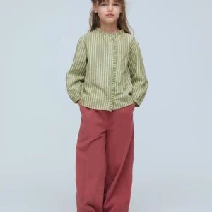 Camisa de niña con mezcla algodón con estampado de rayas verde y blanco