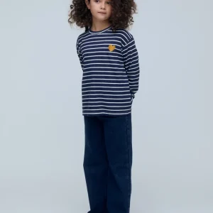 Camiseta de niña 100% algodón con estampado de rayas azul marino y blanco