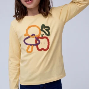 Camiseta de niña 100% algodón amarillo con bordado de vegetales