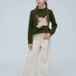 Pantalón vaquero de niña beige con bolsillos de corazón