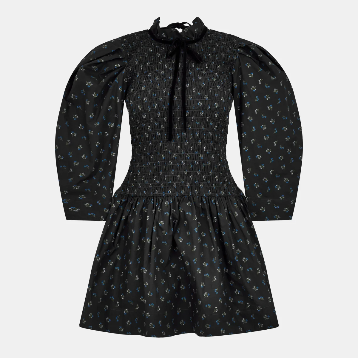 Ganni Ditsy Floral Smock Shirred Velvet Bow Dress - Imagen 7
