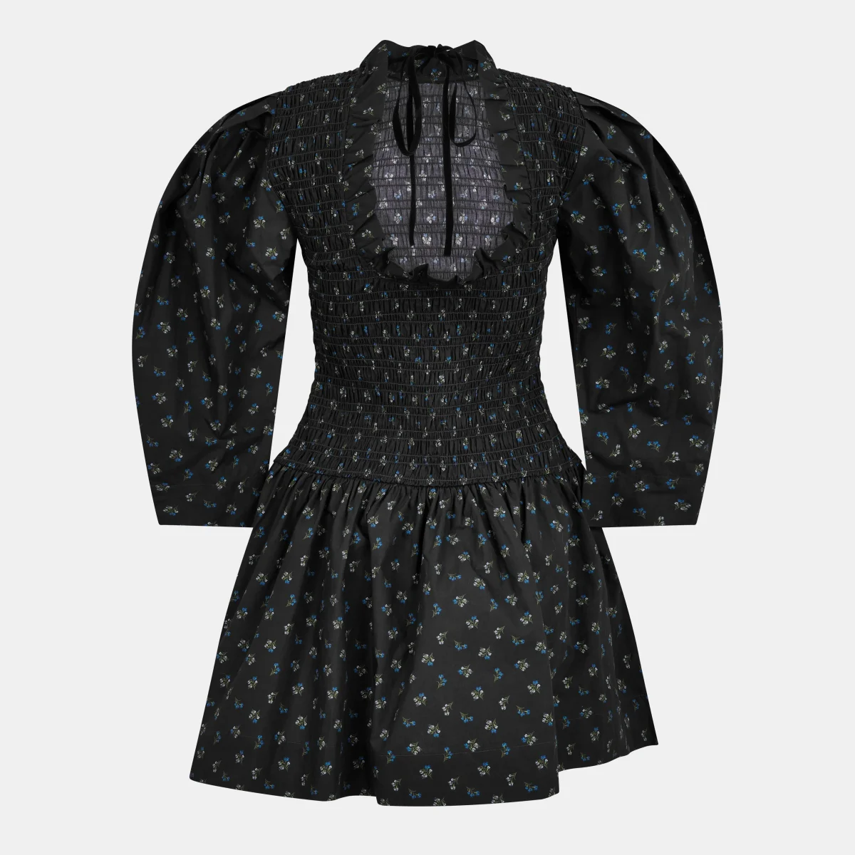 Ganni Ditsy Floral Smock Shirred Velvet Bow Dress - Imagen 3
