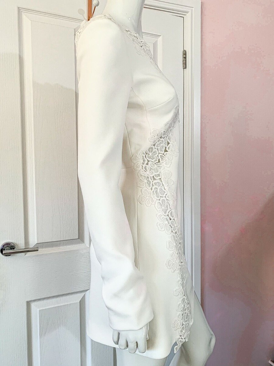 DAVID KOMA White Crepe Lace Macrame Trim Dress - Imagen 8