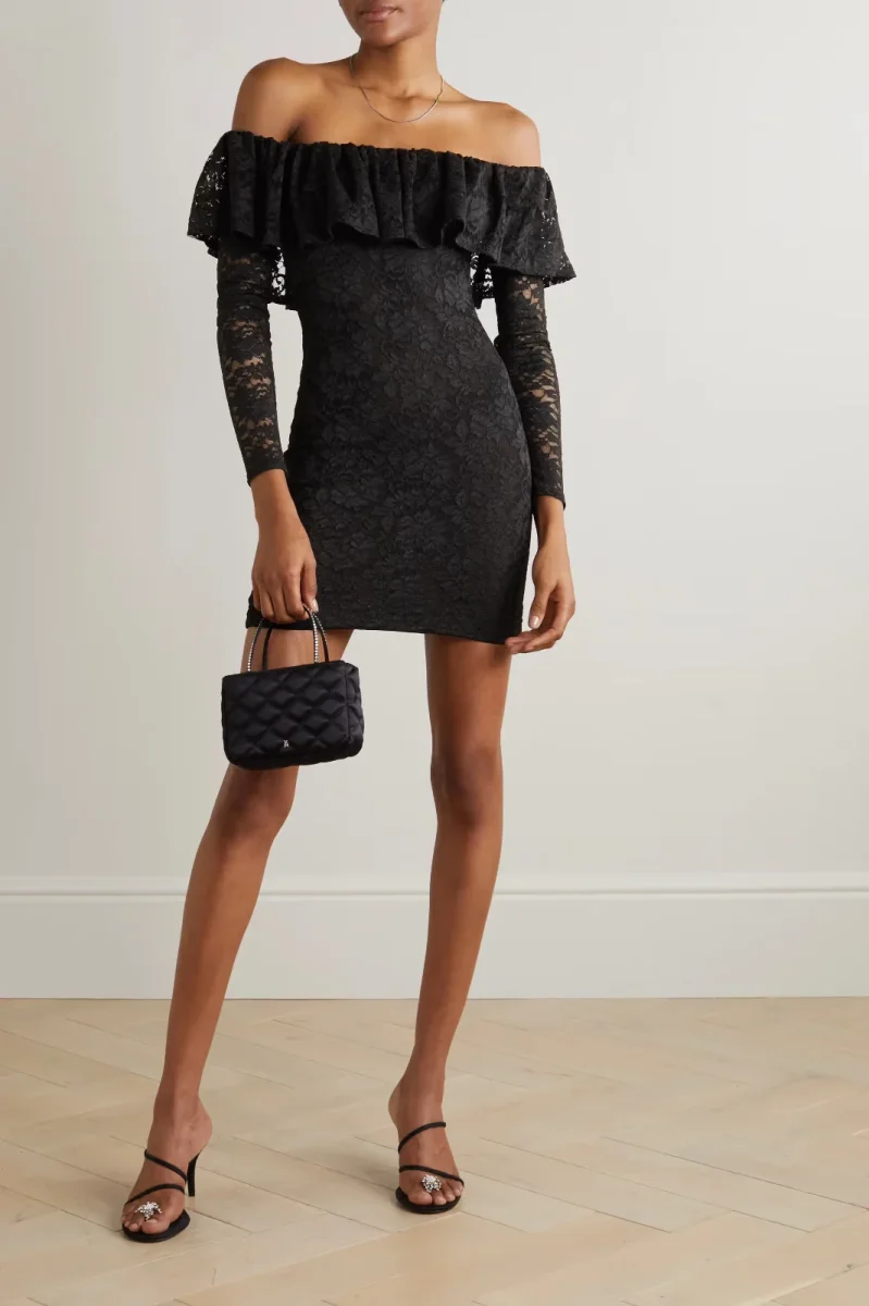 CAROLINE CONSTAS Alessia Black Floral Lace Off Shoulder Mini Dress - Imagen 3