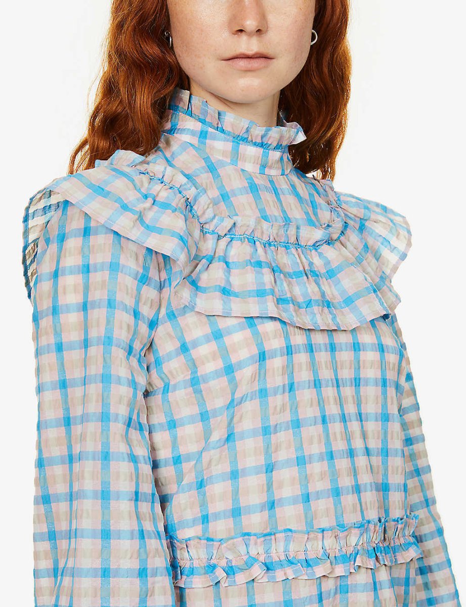 GANNI Prairie Pink Blue Gingham Check Seersucker Ruffle High Neck Dress - Imagen 4