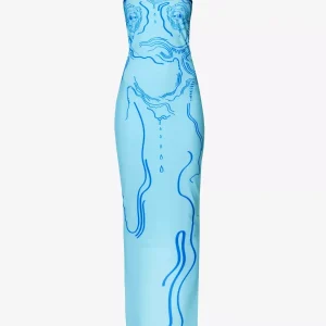 DI PETSA Venus Graphic Print Stretch Blue Tube Greek Goddess Midi Dress