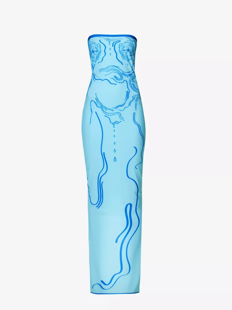 DI PETSA Venus Graphic Print Stretch Blue Tube Greek Goddess Midi Dress