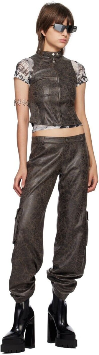 MIAOU Elias Faux Leather Brown Cargo Trousers - Imagen 7