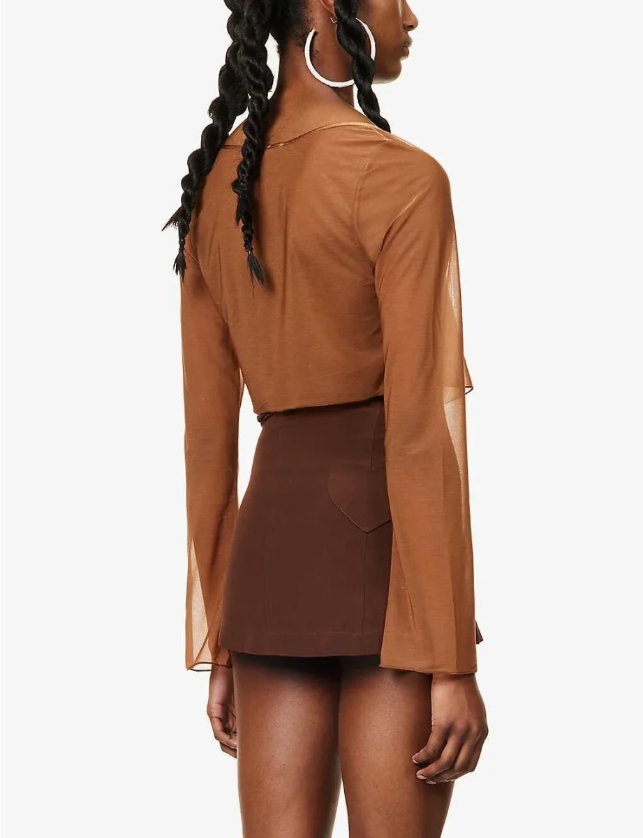 MIRROR PALAIS Caramel Brown Sheer Silk Tie Corset Cover Top - Imagen 4