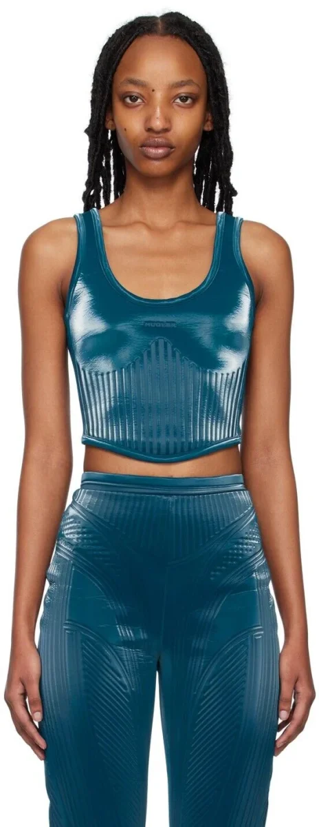 MUGLER Shell Panelled Logo Embossed Stretch Woven Top - Imagen 9