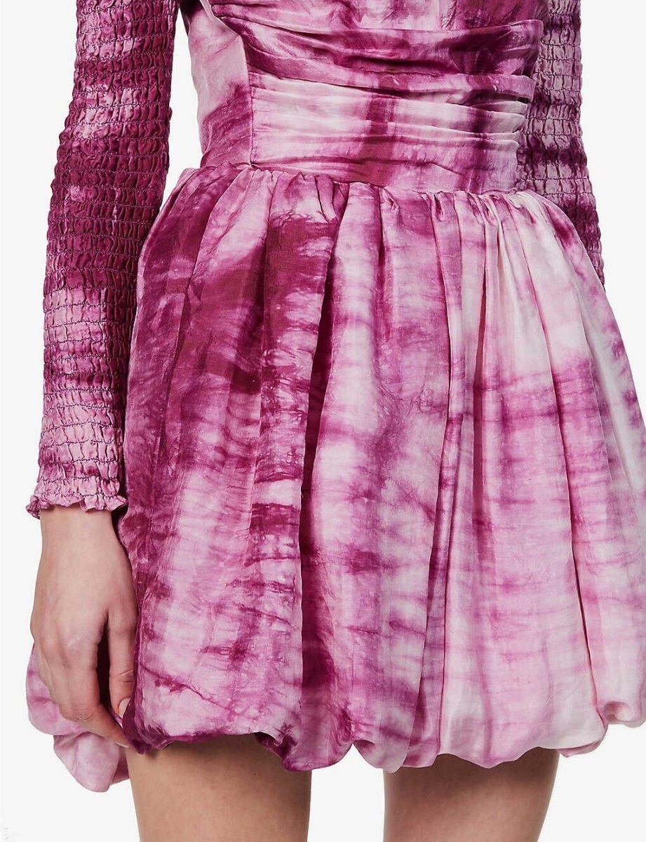 CLIO PEPPIATT Pink Tie Dye Puff Petal Ruched Off Shoulder Silk Melva Dress - Imagen 7