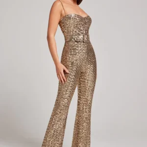 NADINE MERABI Gold Lucinda Chain Strap Sequinned Embellished Jumpsuit