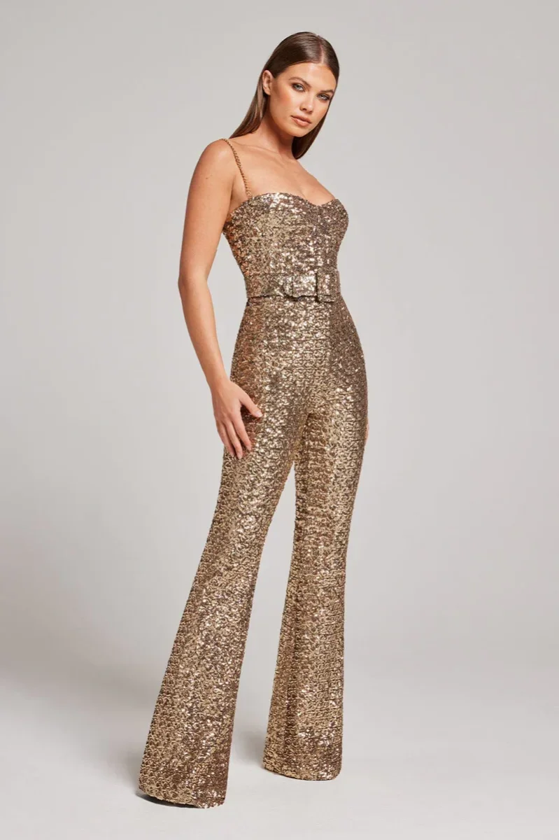 NADINE MERABI Gold Lucinda Chain Strap Sequinned Embellished Jumpsuit