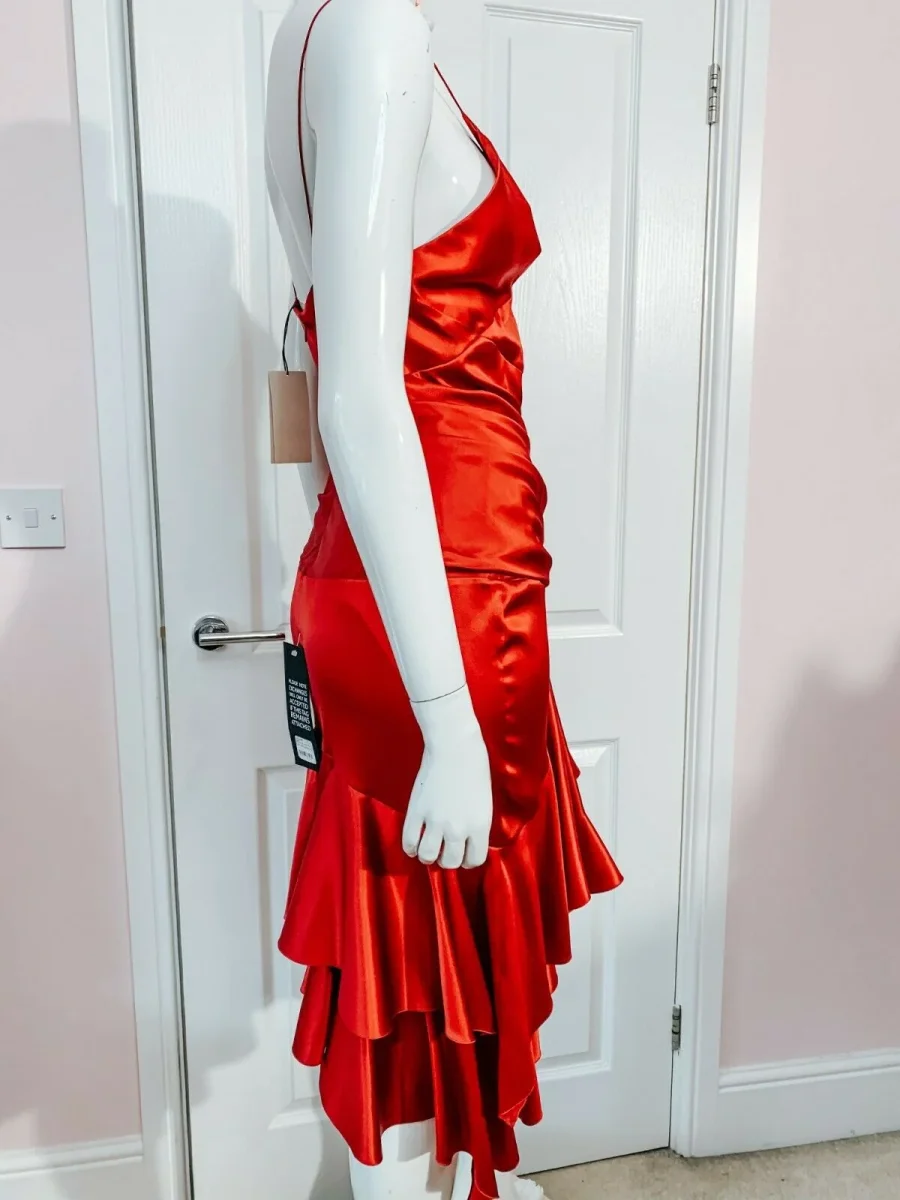 Alexandre Vauthier Ruby Red Ruched Strappy Silk Satin Dress - Imagen 9