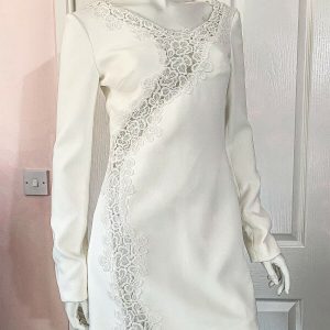 DAVID KOMA White Crepe Lace Macrame Trim Dress