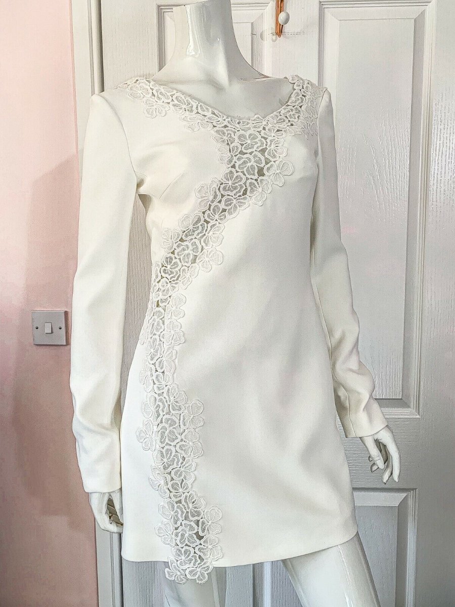 DAVID KOMA White Crepe Lace Macrame Trim Dress