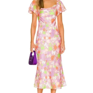 OLIVIA RUBIN Pink Satin Floral Polka Dot Amelia Midi Dress