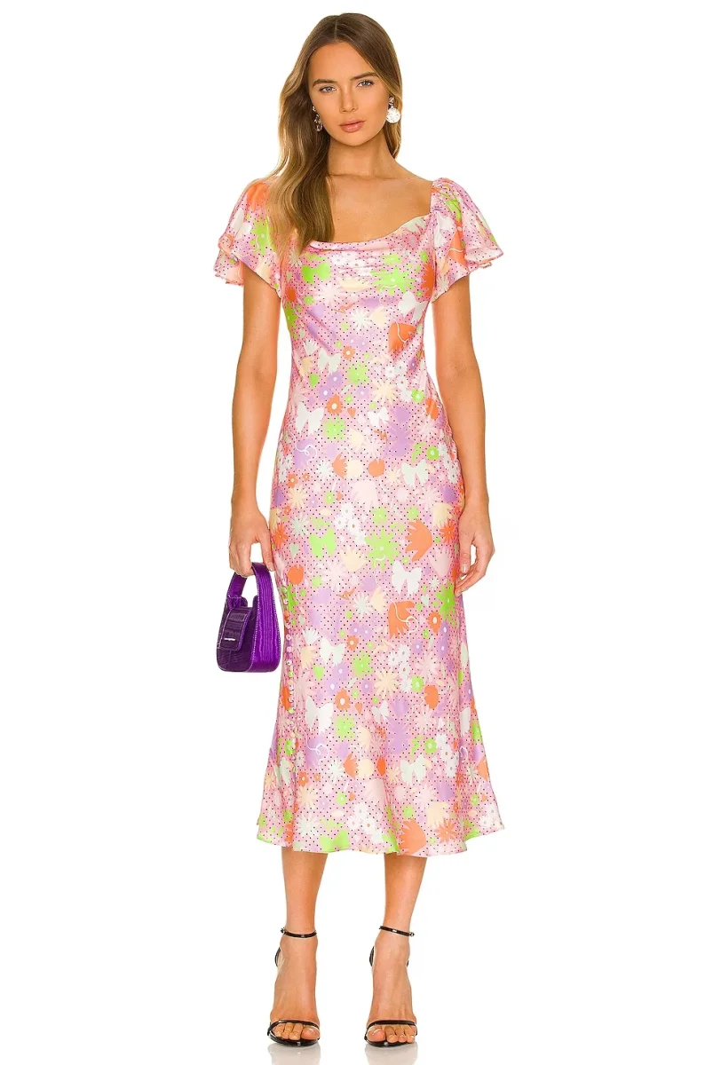 OLIVIA RUBIN Pink Satin Floral Polka Dot Amelia Midi Dress - Imagen 2