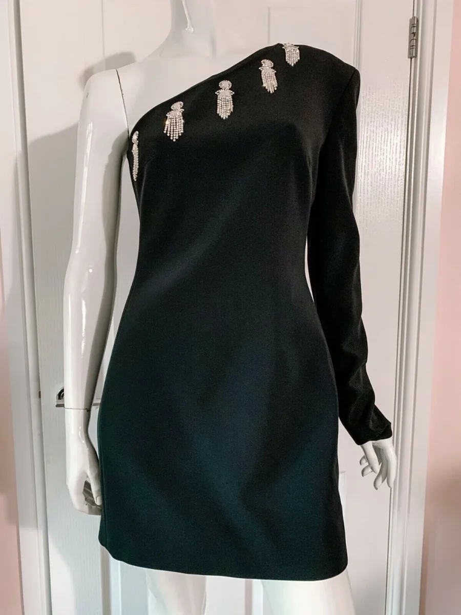 DAVID KOMA Black Dangly Crystal Embellished One Shoulder Dress - Imagen 5
