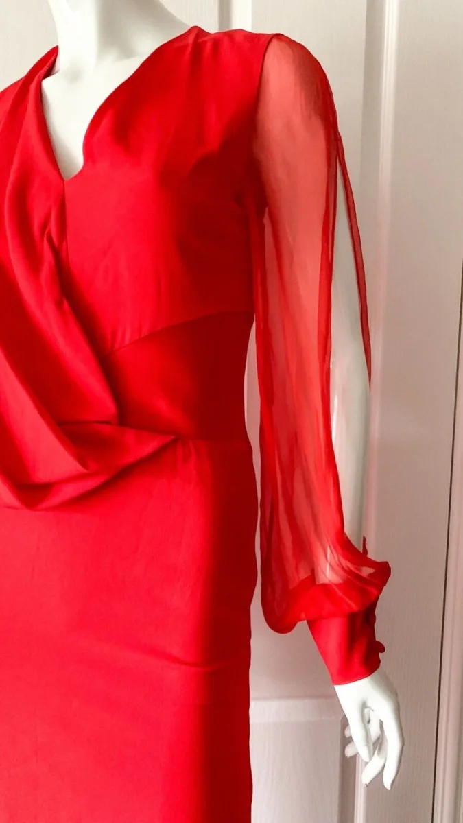 LANVIN Red Sheer Sleeve Drape Detail Long Gown - Imagen 4