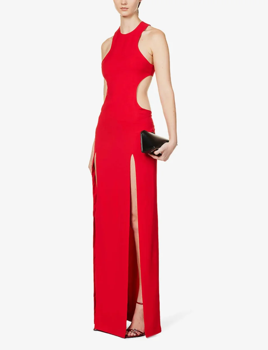 MONOT Red Split Slit Leg Open Back Cut Out Woven Evening Gown Dress - Imagen 5
